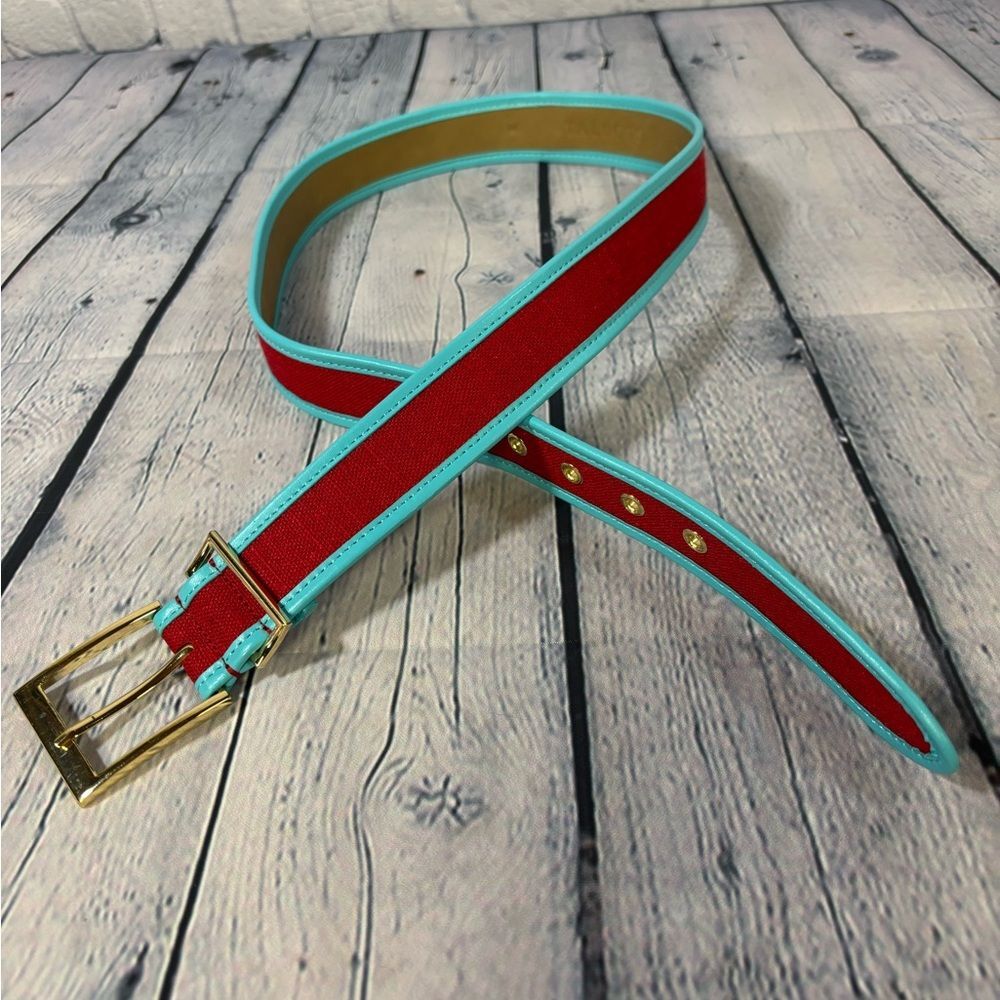 Talbots Red Linen Teal Leather Trim Gold Hardware Preppy Coastal Nautical Belt M